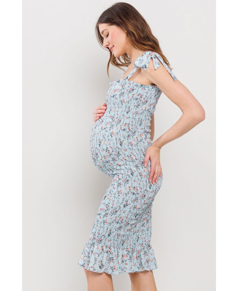 Women's Floral Smocked Square Neck Bodycon Midi Matertnity Dress with Adjustable Tie Straps
