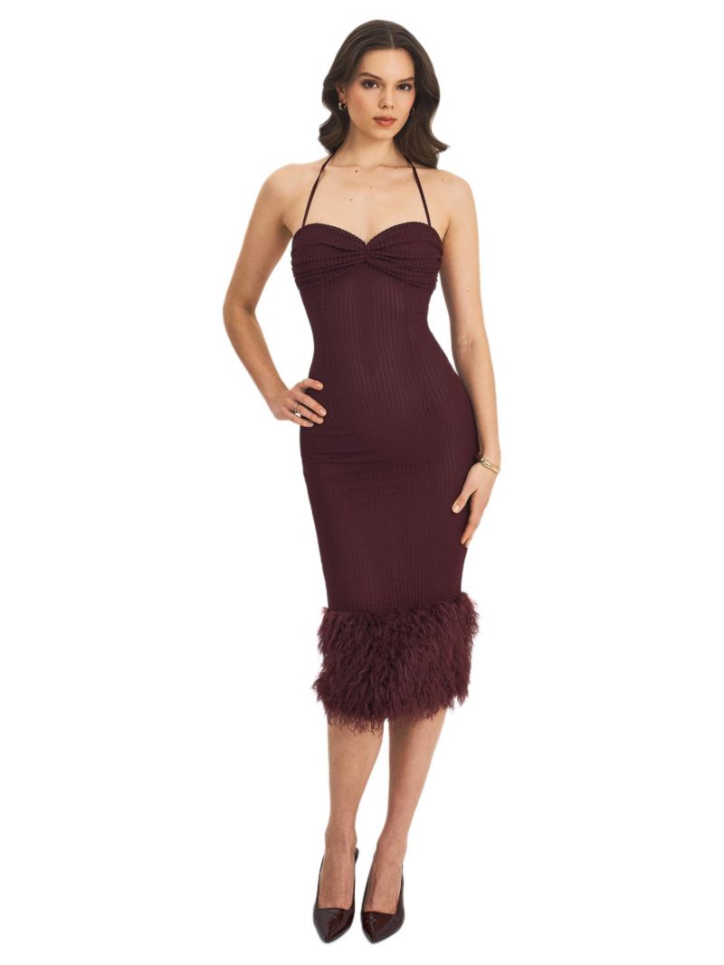 Women's Pluma Maroon Halter Faux-Fur Trimmed Midi Dress