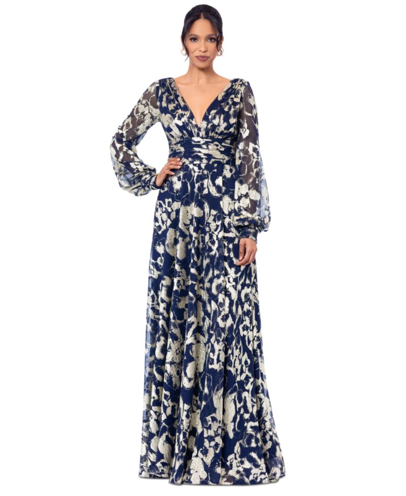 Women's Printed Blouson-Sleeve Maxi Dress
