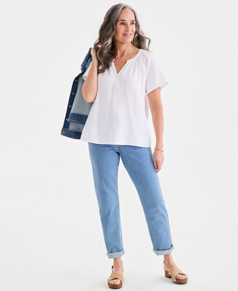 Petite Cotton Gauze Flutter-Sleeve Top