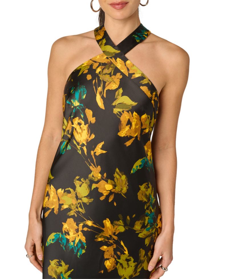 Women's Floral Stretch Satin Scarf Halter Gown