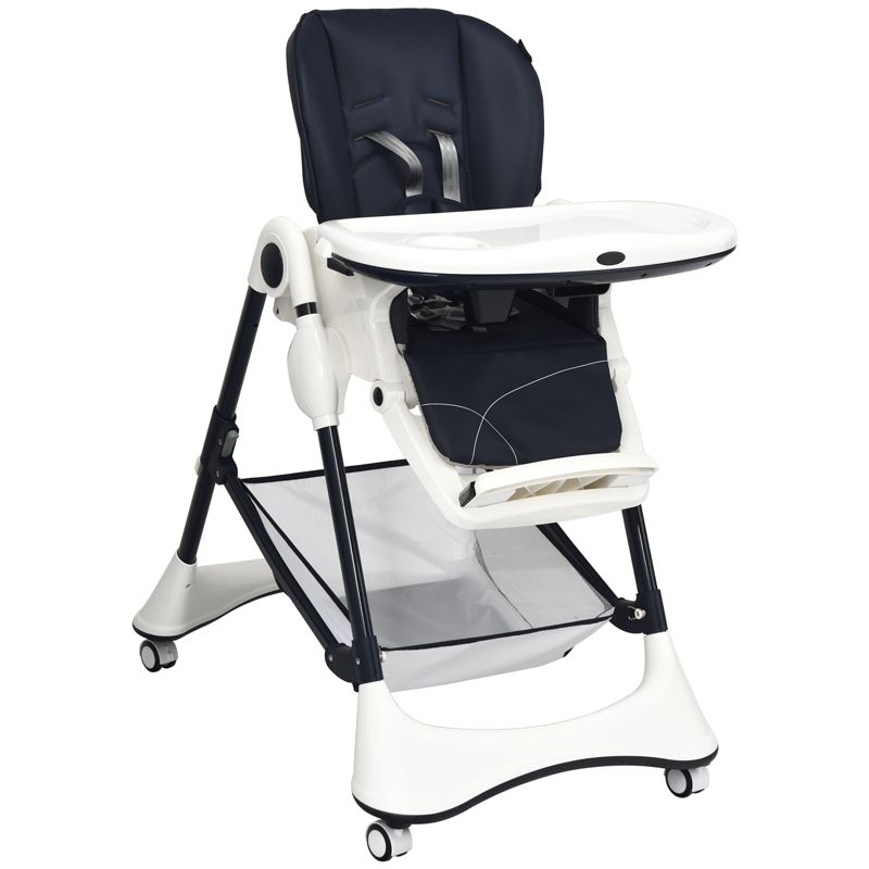 Adjustable Baby High Chair with Lockable Wheels and Tray