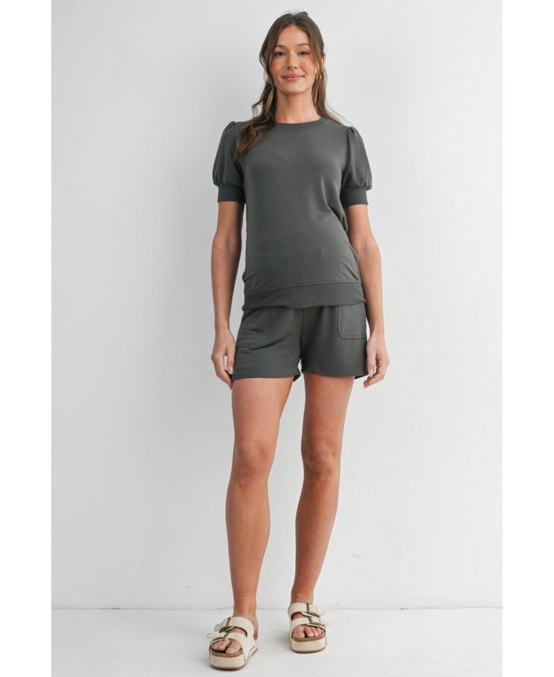 Maternity French Terry Lounge Set - Puff Sleeve Top and Shorts with Pockets
