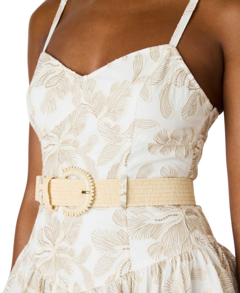 Raffia Floral Embroidered Belted Mini Dress