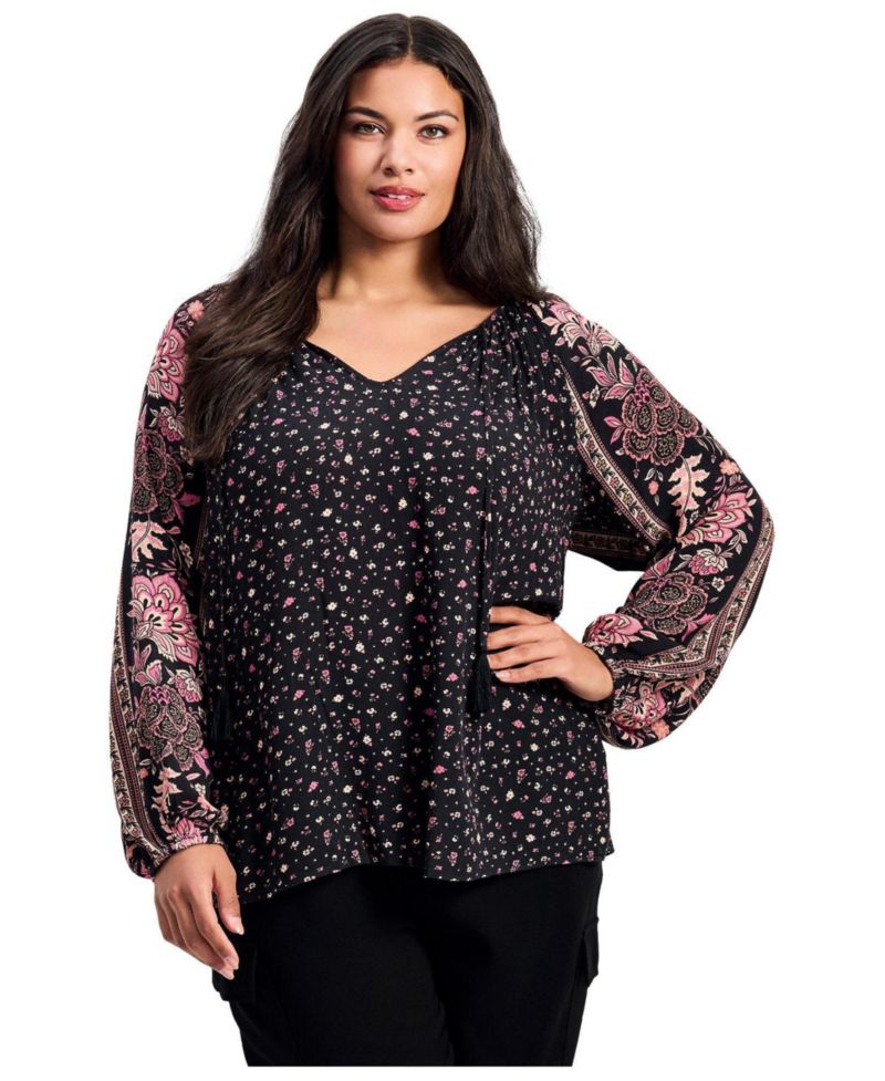 Women's Plus Size Eliana Border Print Sleeve Peasant Top