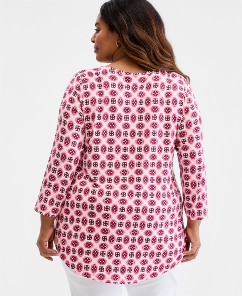 Petite Aria Tile Geometric-Print 3/4-Sleeve Scoop Neck T-Shirt