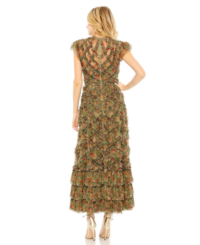 Women's High Neck Ruffle Cap Sleeve Floral Dress