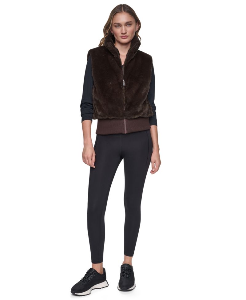 Women's Mock-Neck Ribbed-Knit Hem Faux Fur Vest