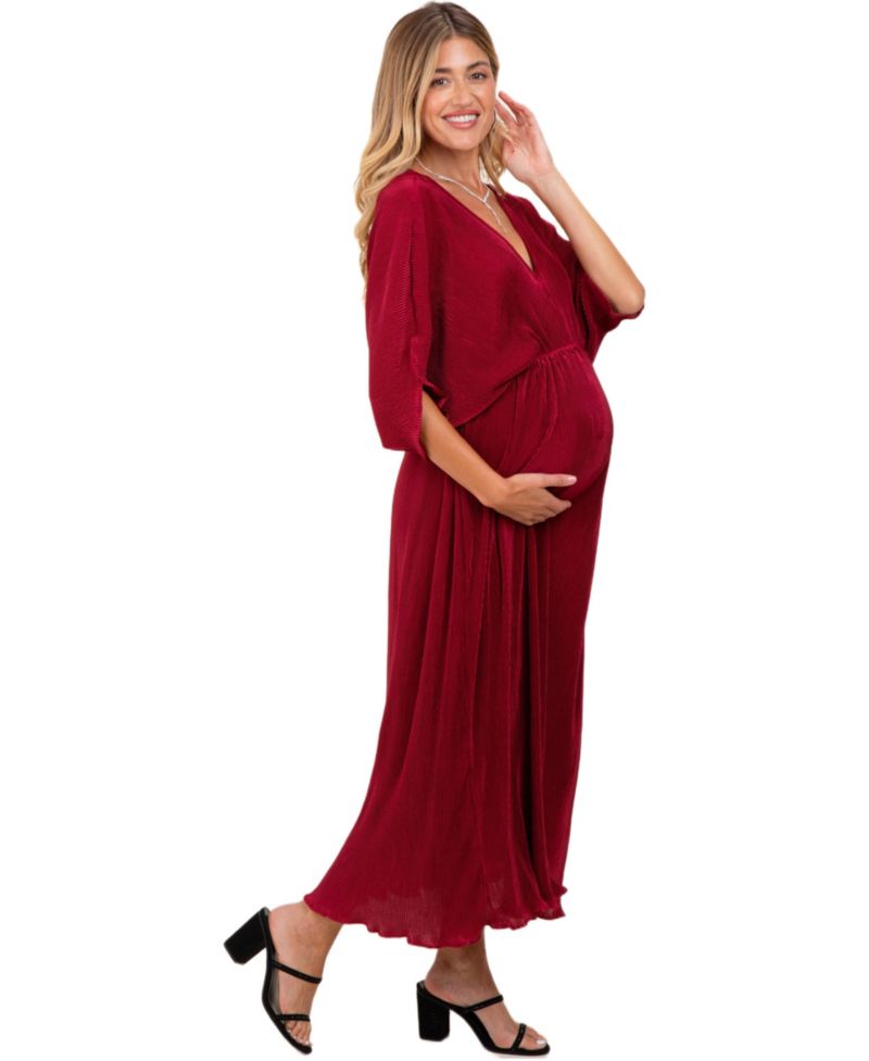 Women's Burgundy Pleated Satin Dolman Sleeve Maxi Dress