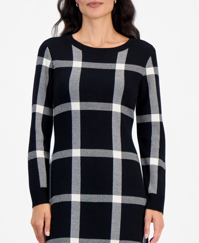 Petite Plaid Long-Sleeve Scoop Neck Sweater Dress