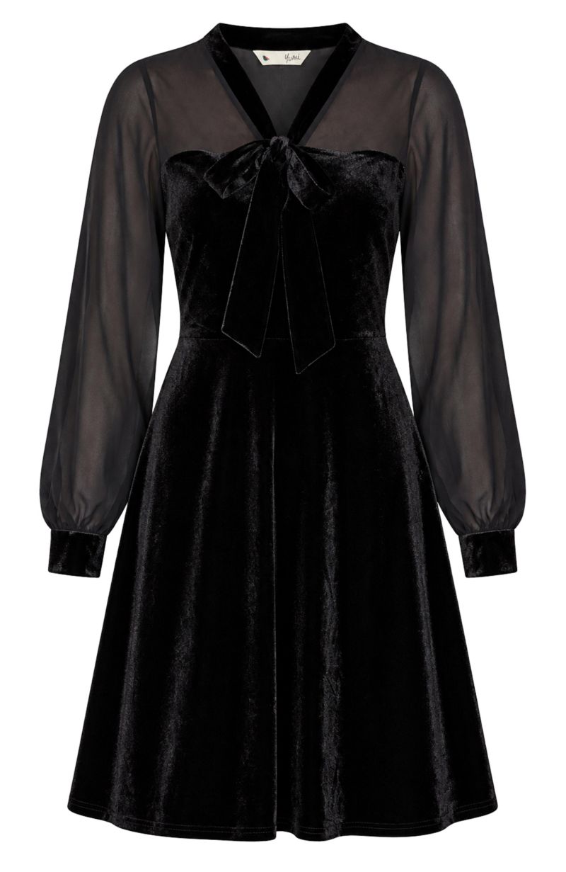 Women's Velvet Sheer Sleeves Skater Dress