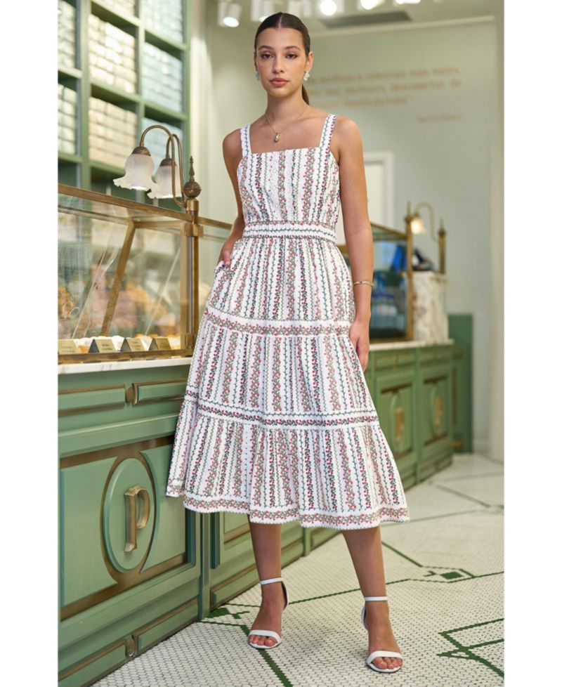 Women's Botanical Stripe Lace Trim Midi Dress