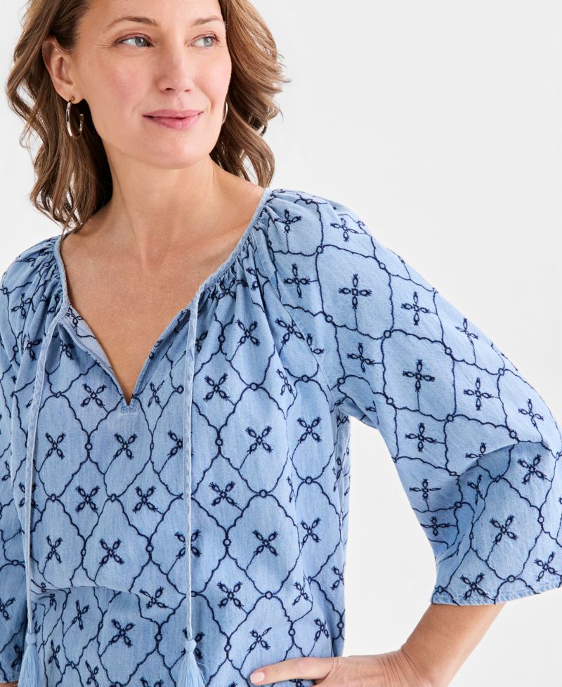 Women's Chambray Split-Neck Embroidery Top