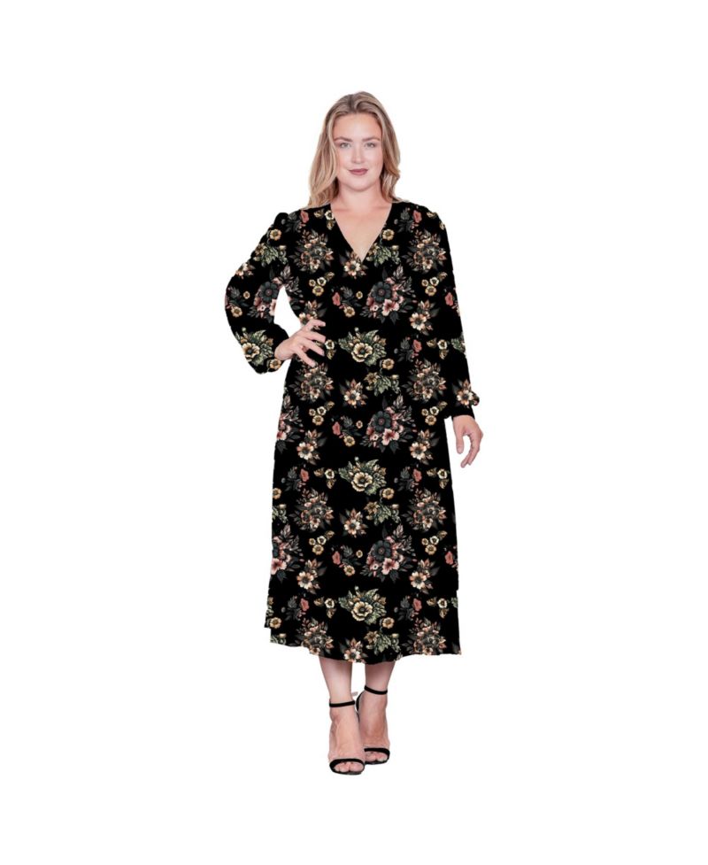 Plus Size Floral-Print Long Sleeve Maxi Wrap Dress