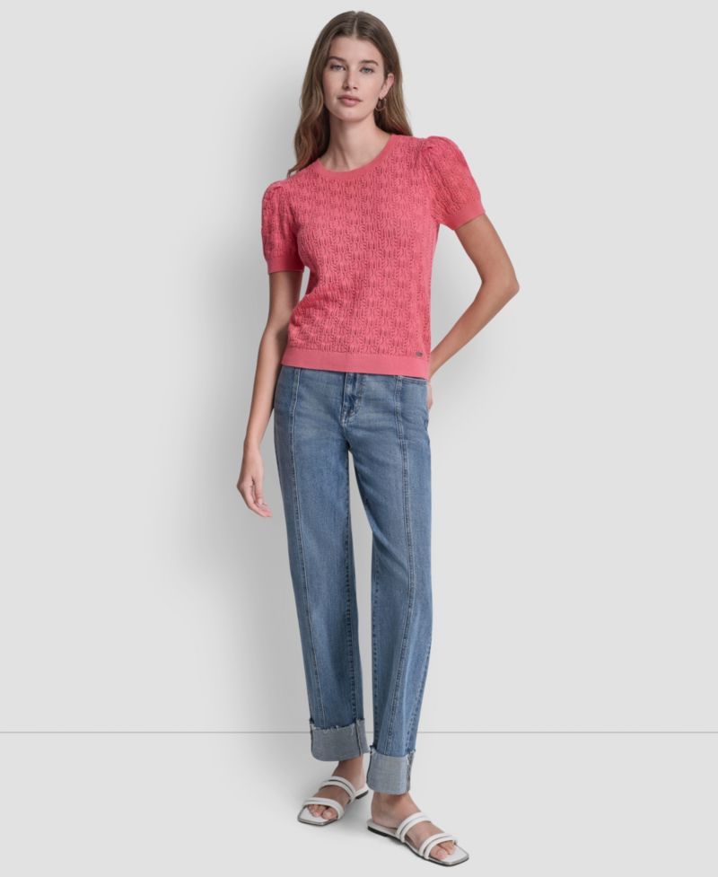 Women's Short Sleeve Crew Neck Lace Pointelle Sweater
