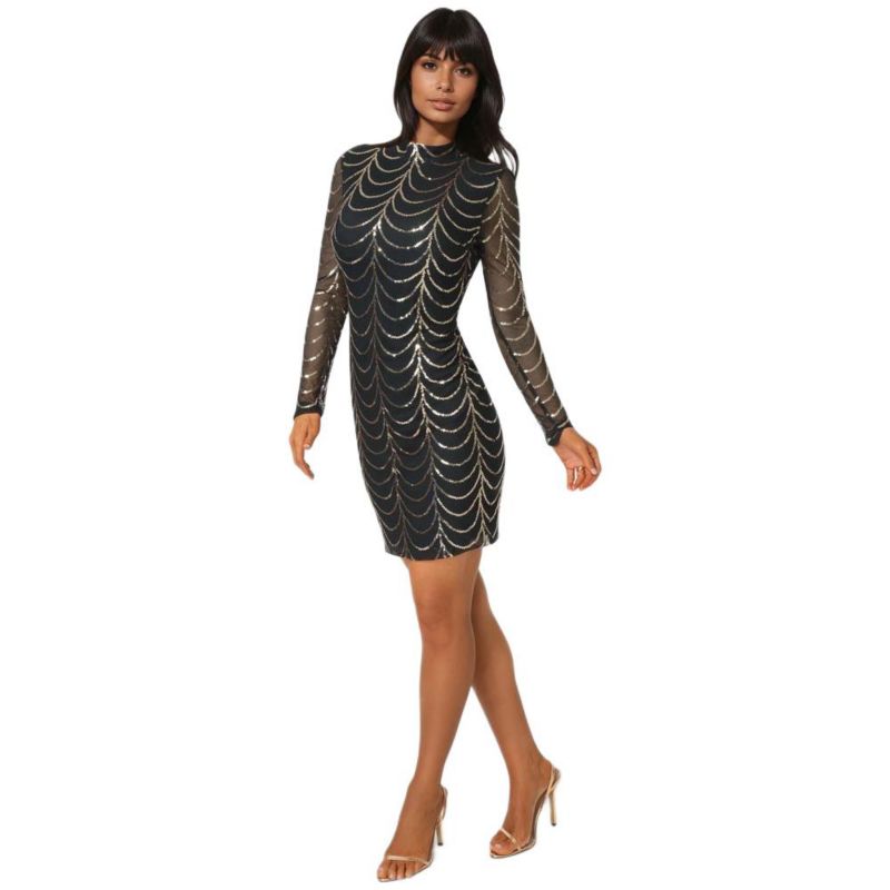 Women's Long Sleeve Sequin Mesh Mock Neck Mini Dress