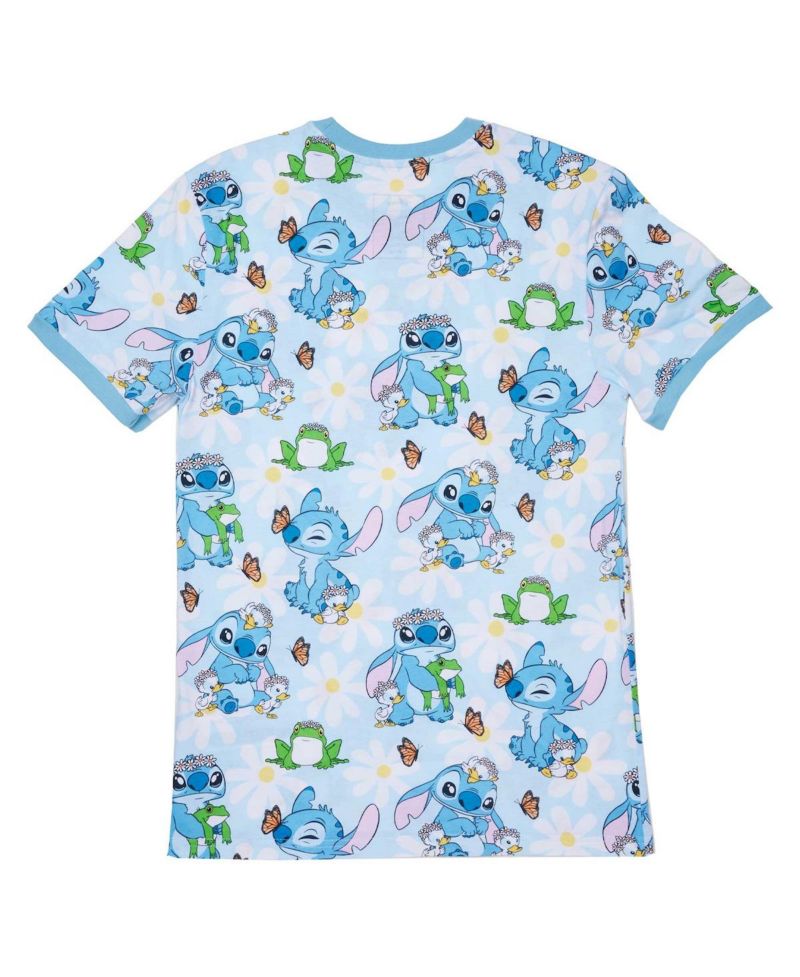 Men's and Women's Light Lilo and Stitch Springtime Daisy Allover Print T-Shirt