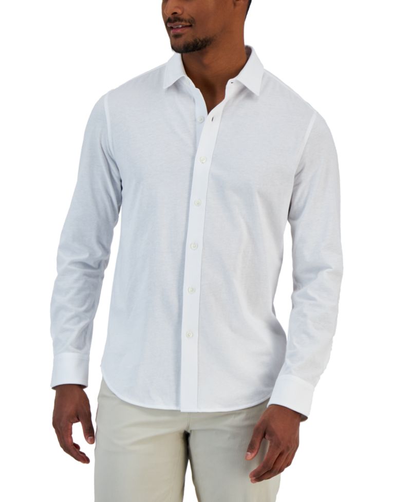 Men's Classic-Fit Heathered Jersey-Knit Button-Down Shirt