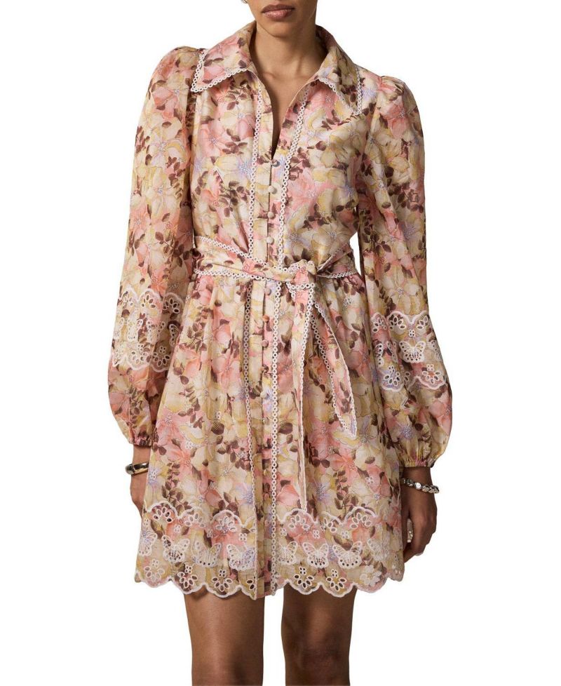 Women's Floral-Print Long-Sleeve Scallop Hemline Mini Dress