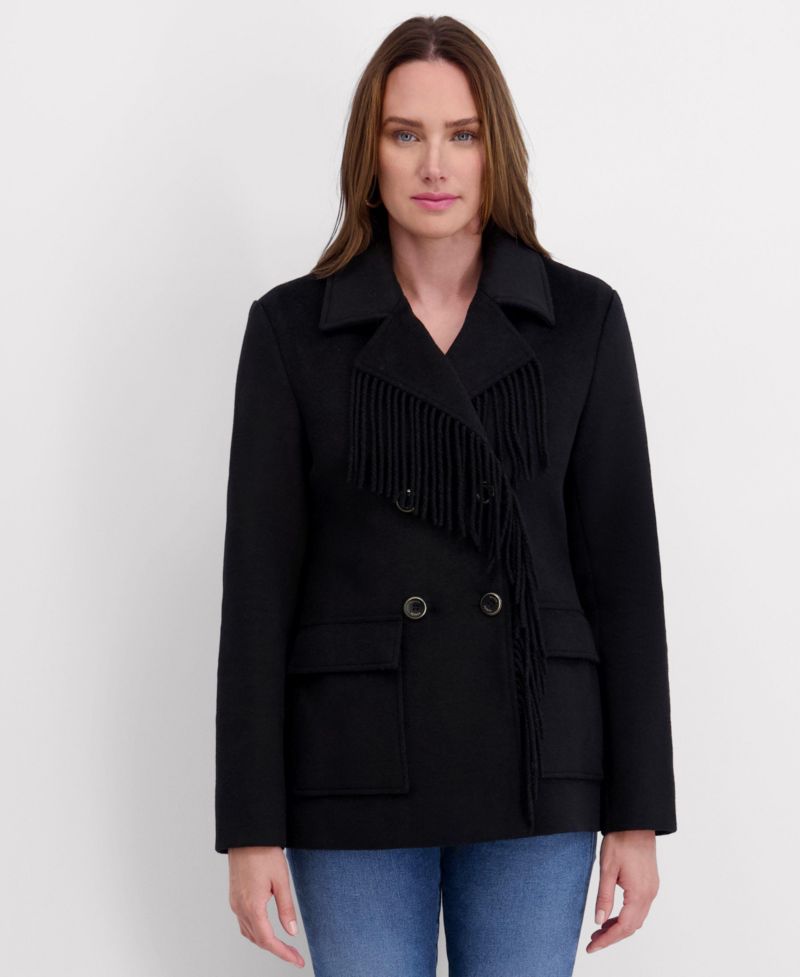 Women's Double Breasted Patch Pocket Wool Jacket with Fringe