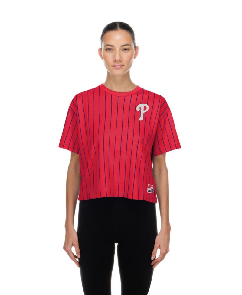 Women's Red Philadelphia Phillies Throwback Meshback Pinstripe Boxy T-Shirt