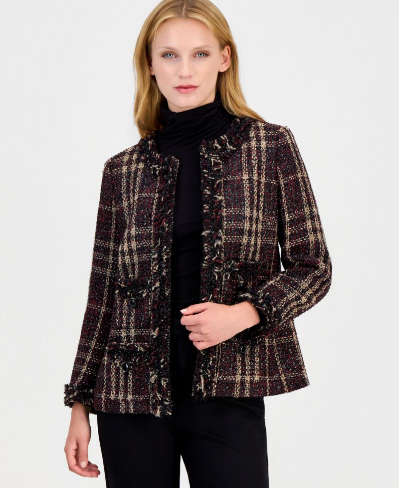 Petite Fringe-Trim Plaid Shawl-Collar Jacket