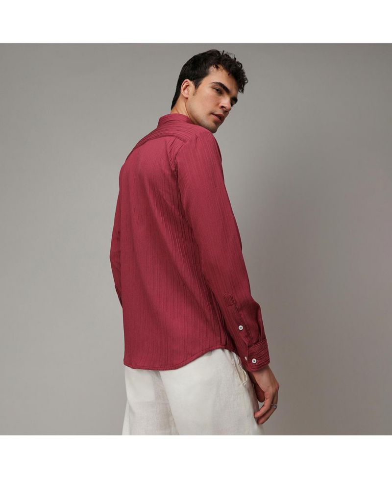 Men's Blush Red Self-Design Striped Shirt