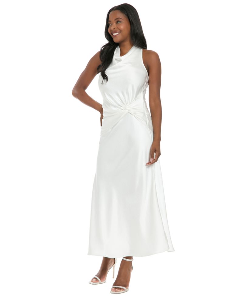 Women's Cowl Neck Side Twist Sleeveless Midi Dress