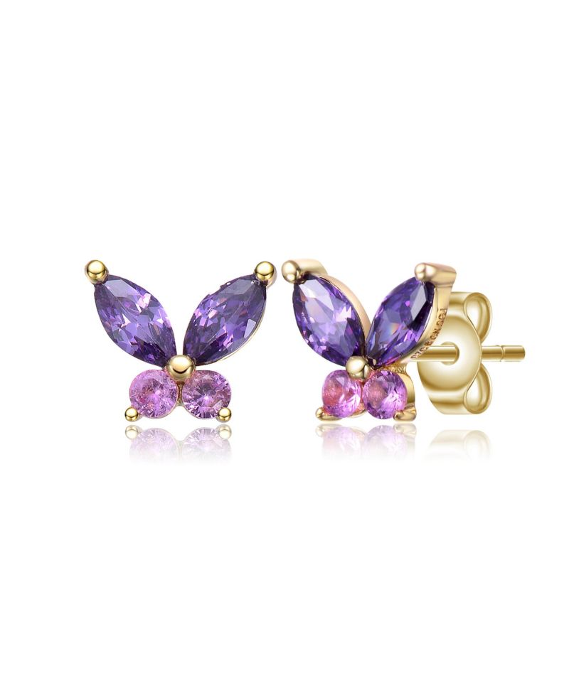 14K Gold Plated with Purple & Pink Cubic Zirconia Butterfly Earrings