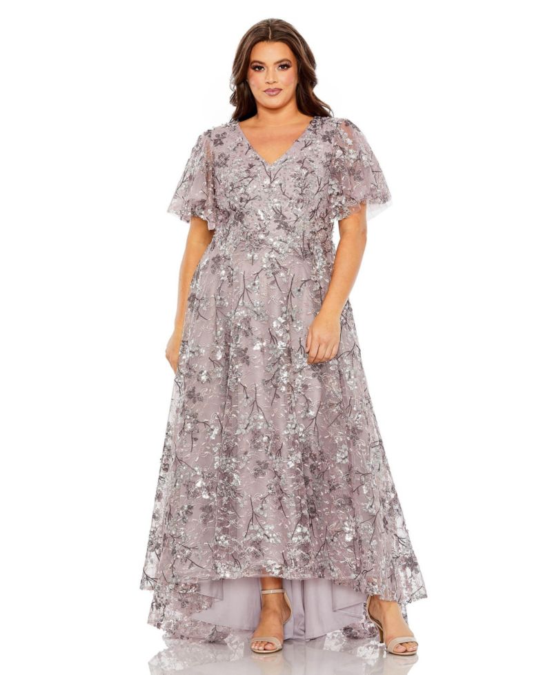 Plus Size V Neck Flutter Sleeve A Line Embellished Dress