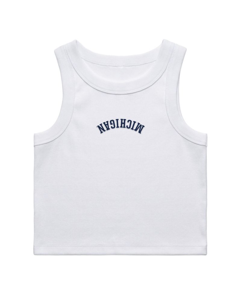 Women's White Michigan Wolverines Upside Down Embroidery Ribbed Cropped Tank Top