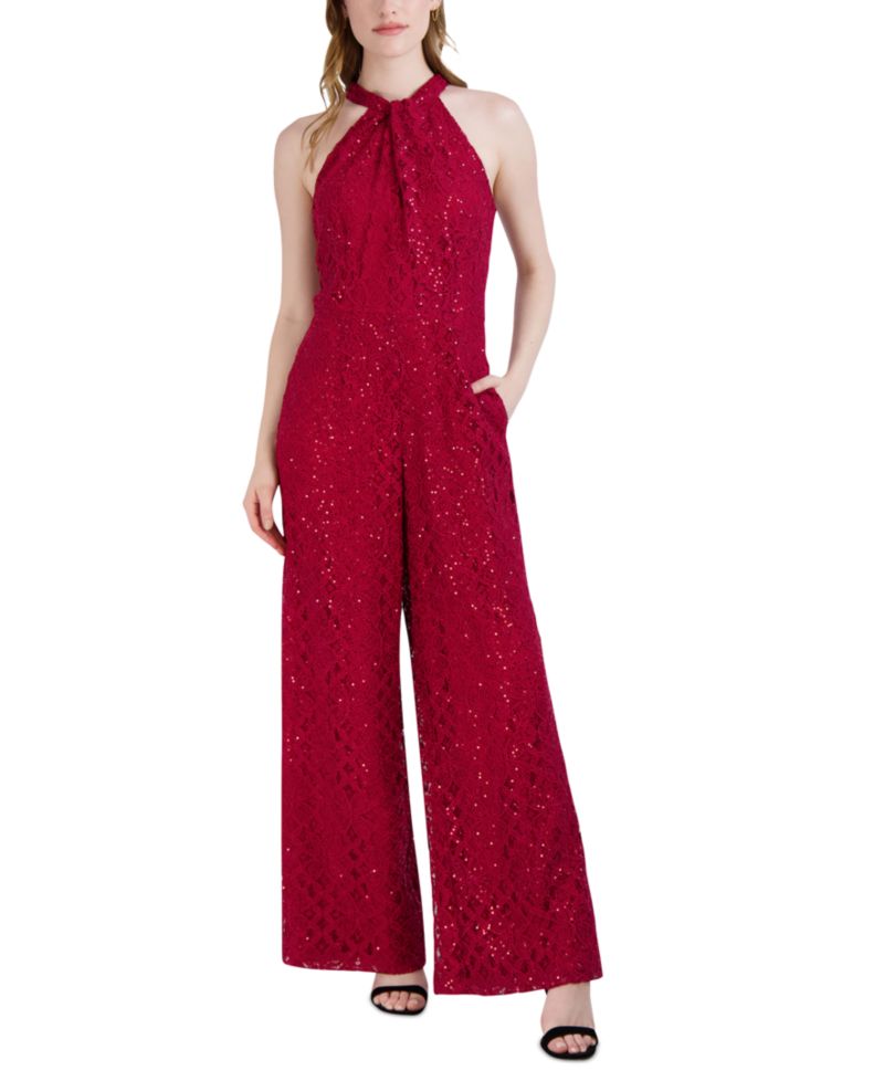 Women's Sequin-Lace Halter Twist-Neck Jumpsuit