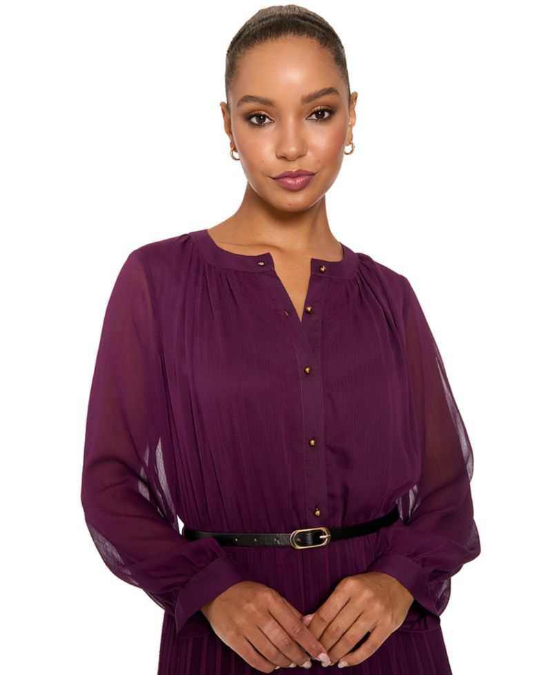 Women's Tea Pleated Chiffon Midi Long-Sleeve Dress