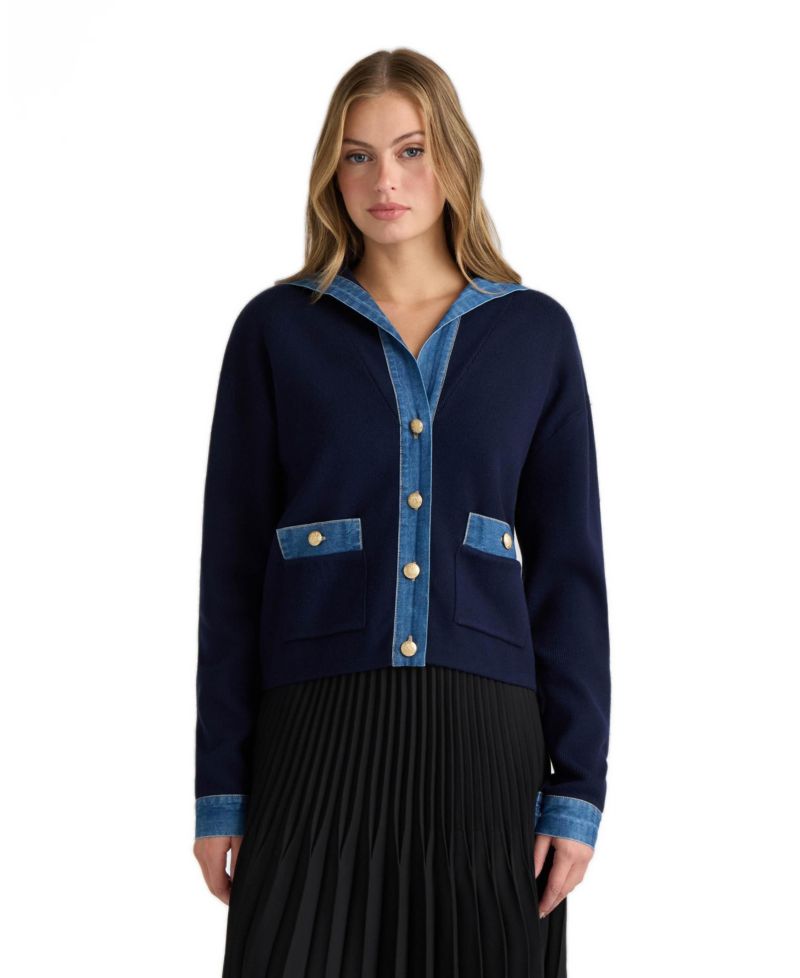 Women's Sailor Collar Denim-Detailing Cardigan