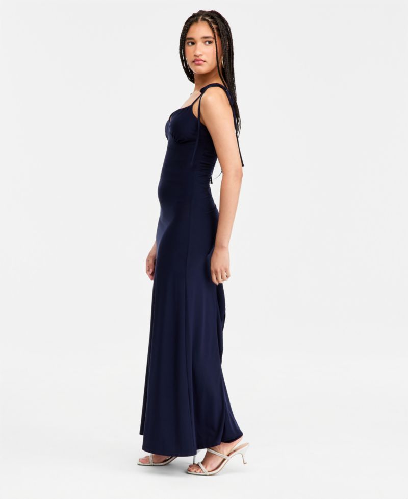 Juniors' Shirred-Back Tie-Strap Long Dress