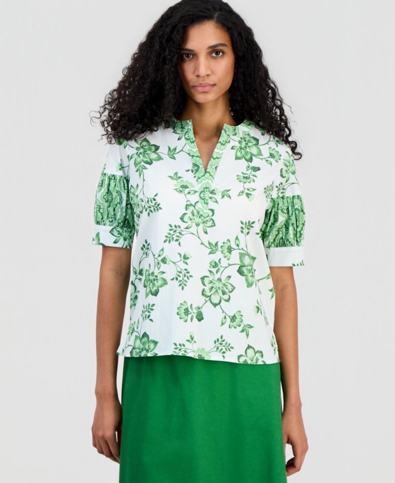 Women's Split-Neck Puffed-Sleeve Top