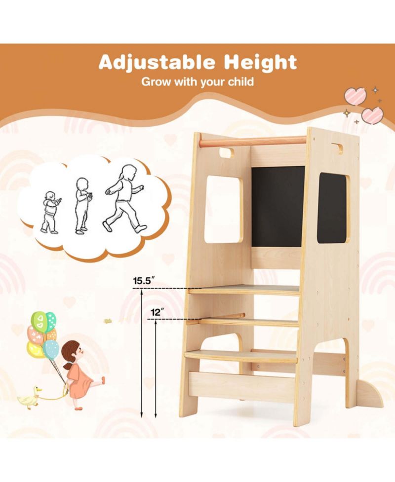 Toddler Kitchen Step Stool with Activity Chalkboard Adjustable Height & Safety Rail