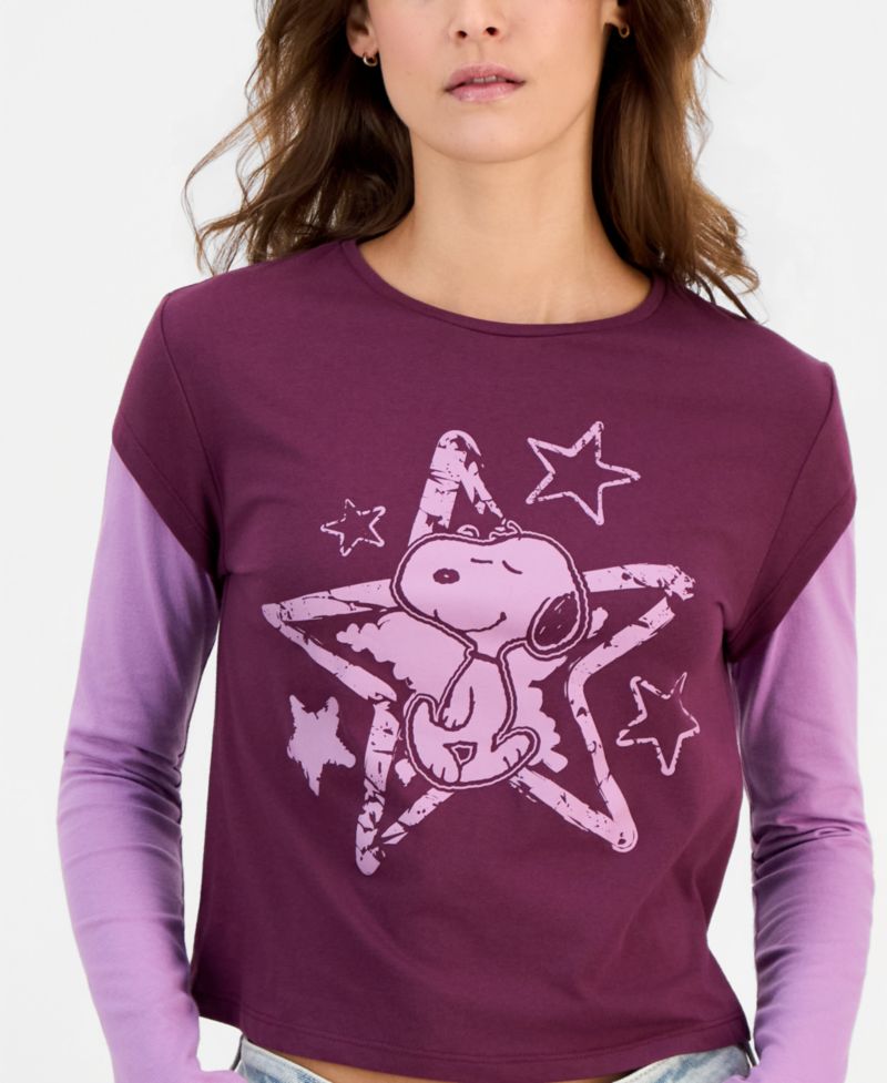 Juniors' Snoopy Long-Sleeve Layered-Look Baby Tee