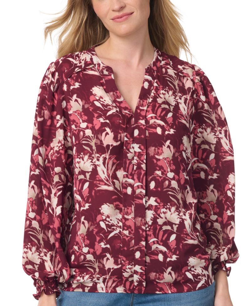 Women's Long-Bishop-Sleeve Floral V-Neck Blouse