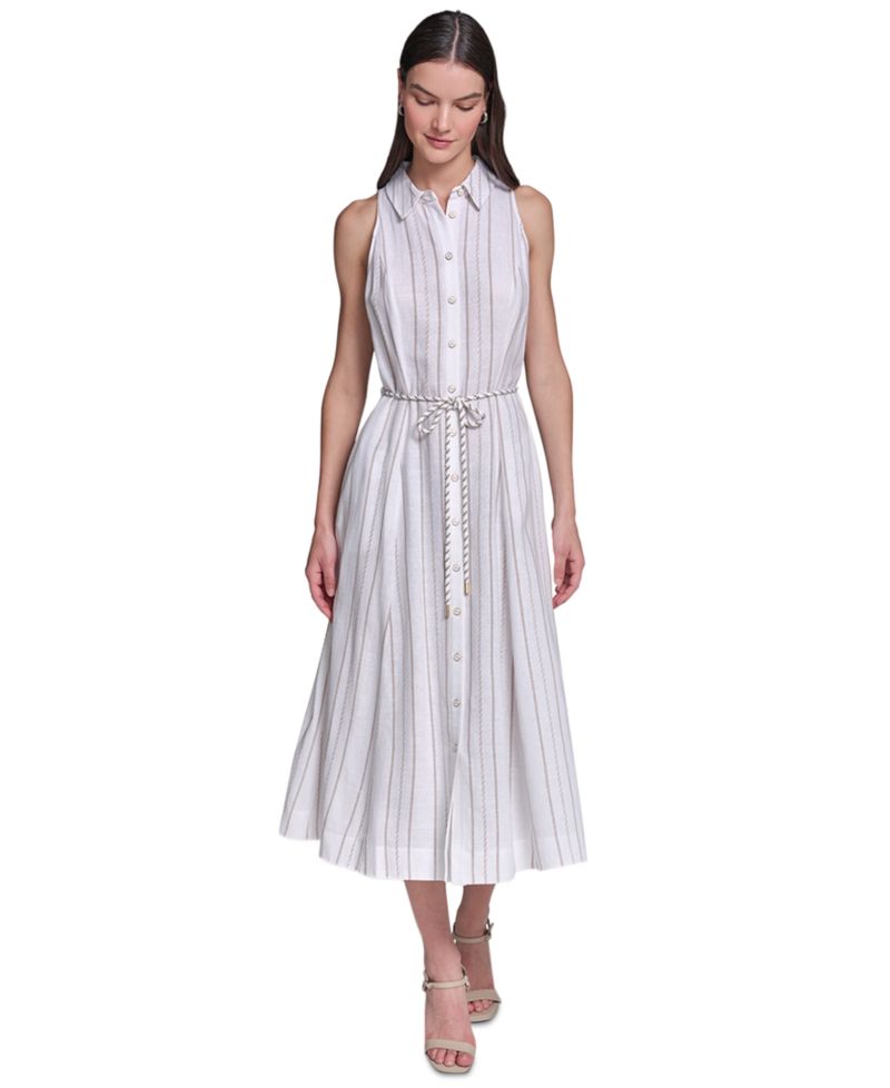 Women's Striped Rope Belt Midi Shirt-Dress