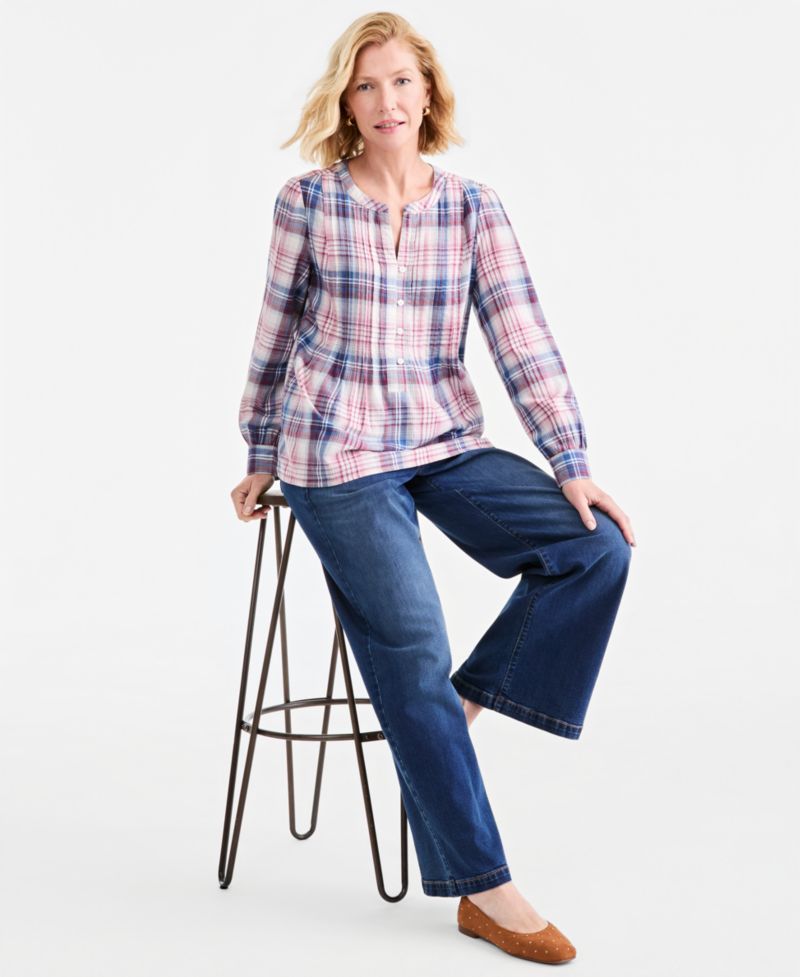 Petite Claire Plaid V-Neck Long-Sleeve Blouse