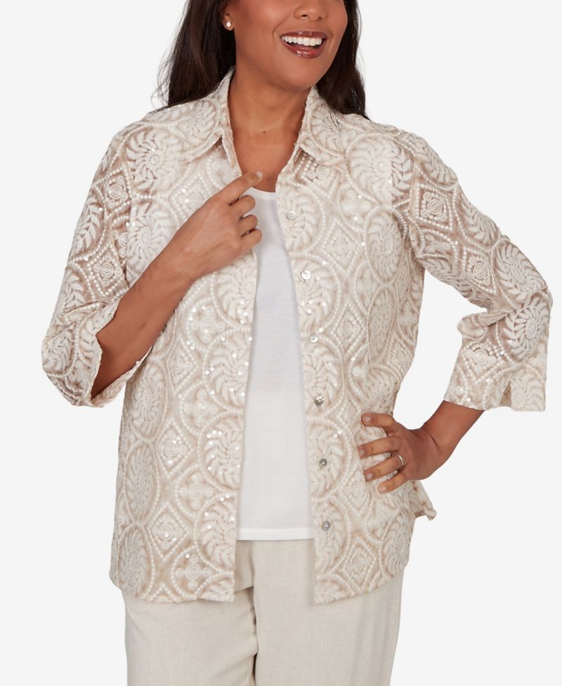 Women's Natural Wonder Sequin Medallion Two-In-One Collar Top