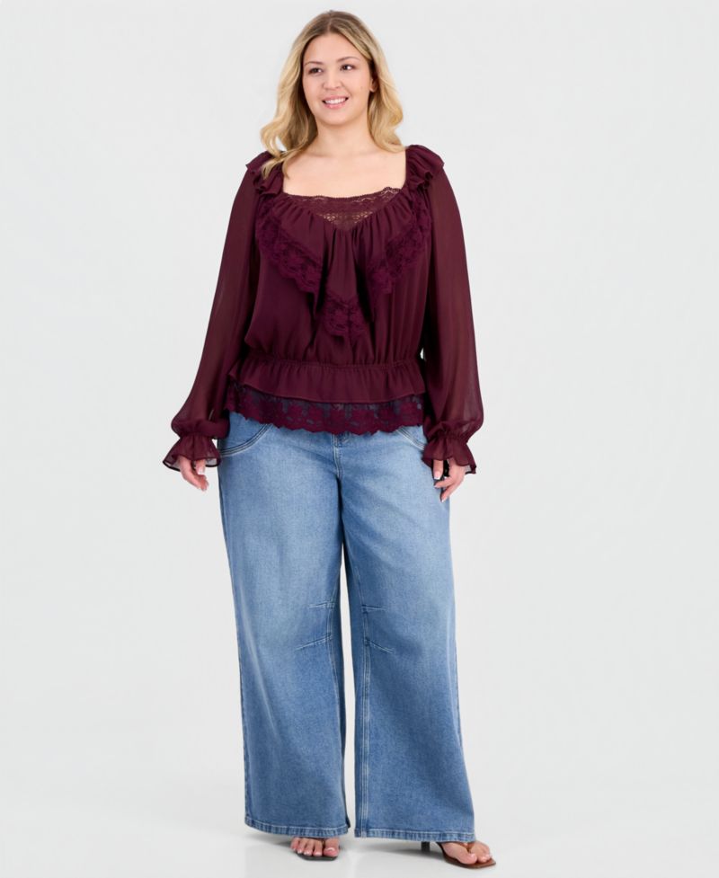Plus Size Ruffle Long-Sleeve Lace-Trim Top