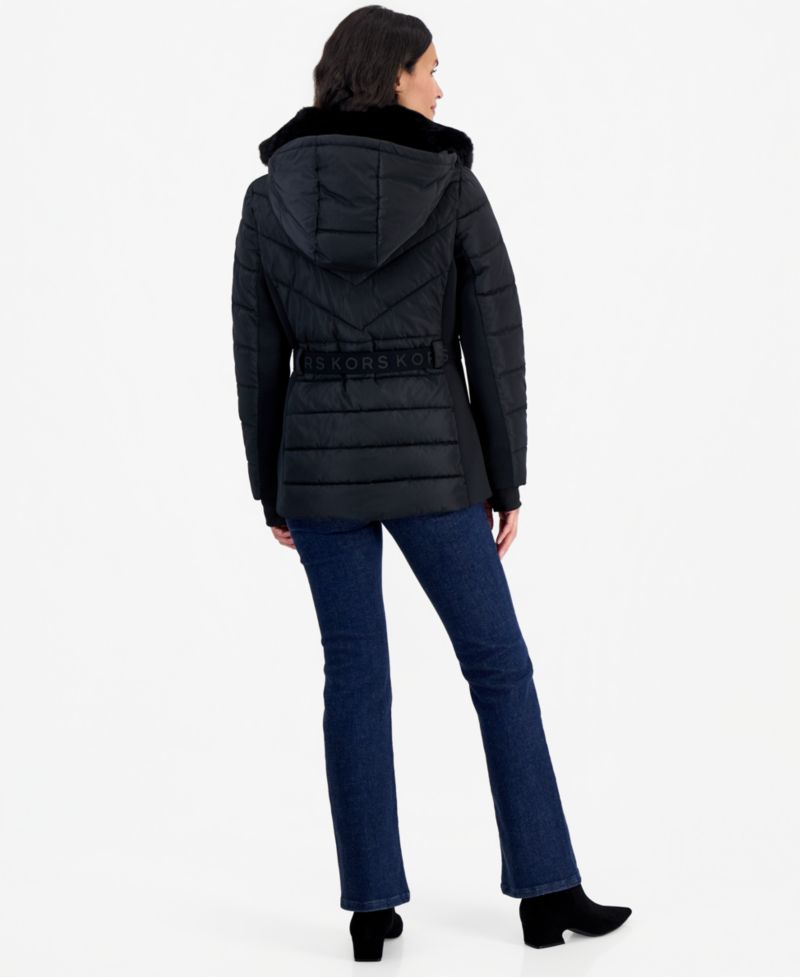 Michael Kors Women's Belted Hooded Faux Fur Collar Puffer Coat