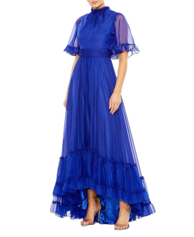 Women's Ruffled High Neck Flutter Sleeve High Low Hem Gown