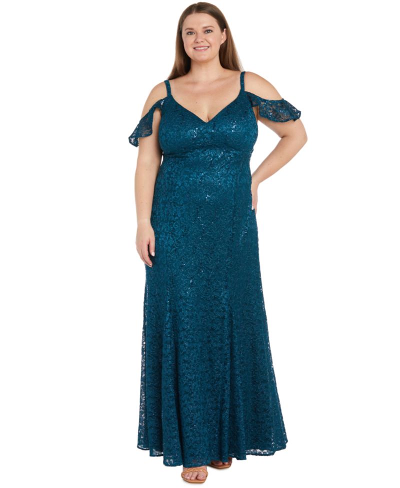Plus Size Sequin Lace Cold-Shoulder Gown