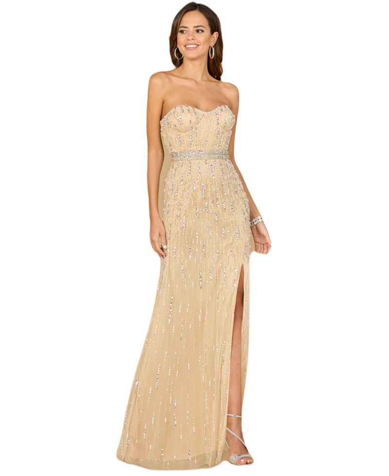 Women's Strapless Beaded Gown with Slit - OUTLET