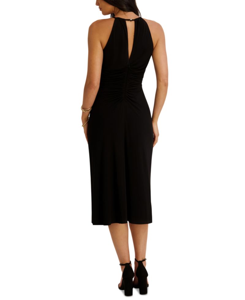 Women's Ruched Halter V-Neck Midi Dress