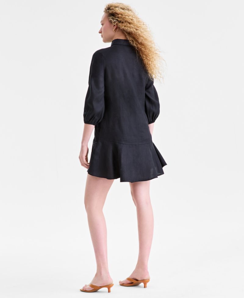 Plus Size 100% Linen Collared Flounce Dress