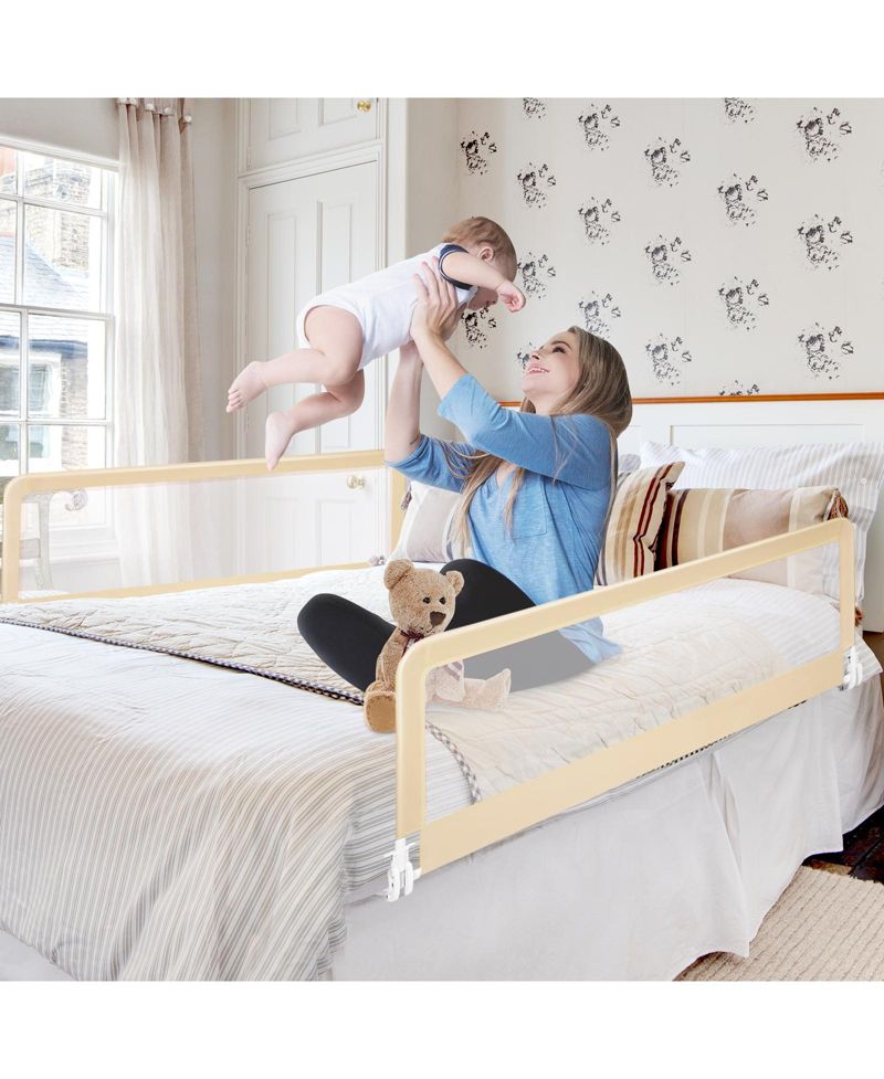 59 Inch Toddler Bed Rail with Safety Strap and Fold Down Mesh Guard